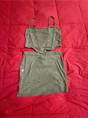 SHEIN Olive Green Studded Two-Piece Skirt Set